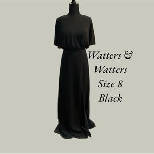 WATTERS & WATTERS BLACK FULL LENGTH FORMAL WITH SQUARE OPEN BACK SIZE 8 PRE WORN
